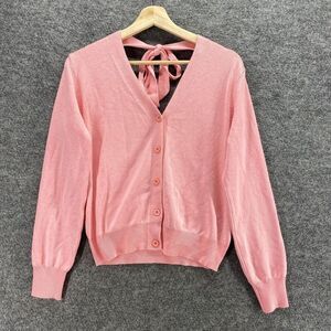 Kate Kasin Cardigan Women M Medium Pink V-Neck Button Up Long Sleeve Tasseled